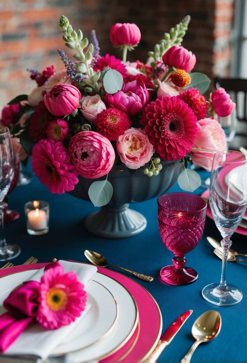 A bold pink raspberry and slate duo wedding color palette with vibrant flowers and elegant table settings