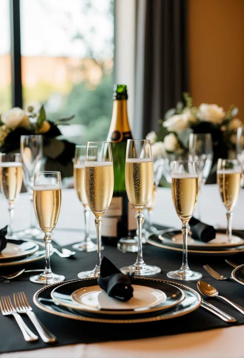 A table set with vintage champagne coupes and black wedding decor