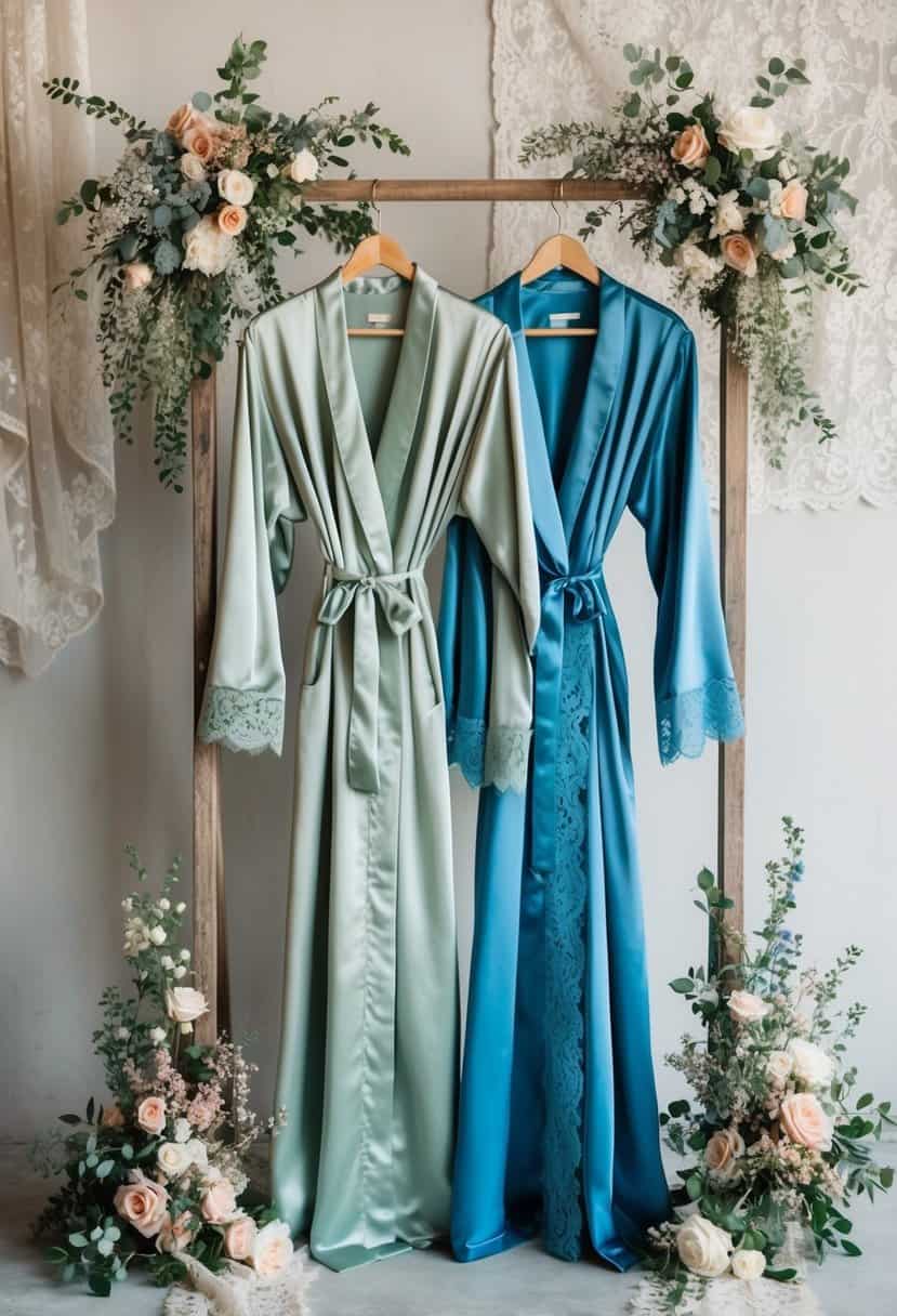 Sage and blue bridesmaid robes hanging on a rustic wooden rack, surrounded by delicate floral arrangements and vintage lace fabric