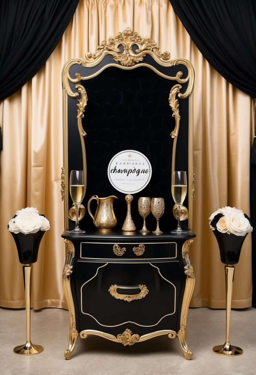 A vintage-style photo booth with a backdrop of champagne and black decor, featuring elegant props and a classic atmosphere
