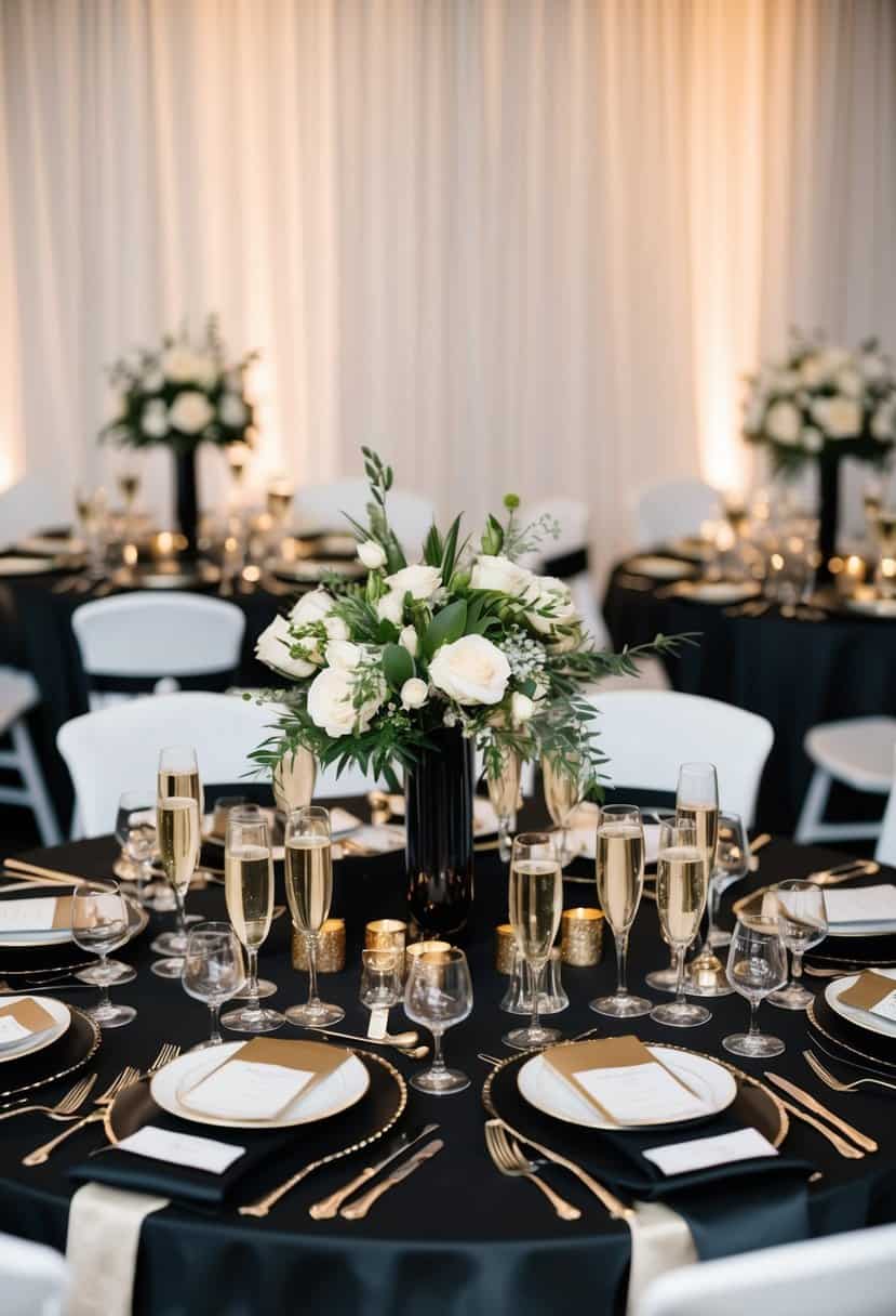 A table adorned with champagne flute centerpieces, exuding elegance and sophistication in a black and champagne-themed wedding setting