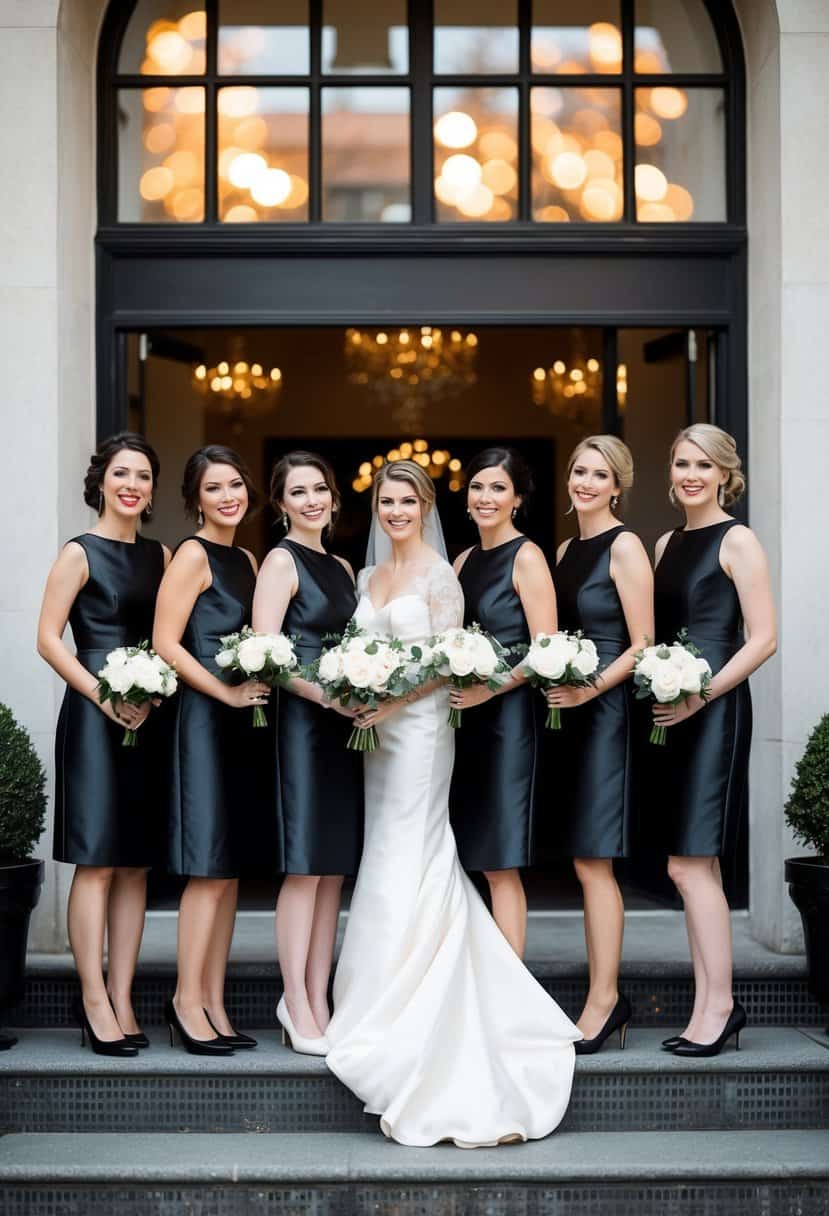 A group of bridesmaids stand in black satin dresses at a champagne and black themed wedding