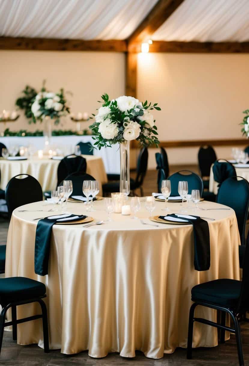 A table set with champagne satin tablecloths and black accents for a wedding reception