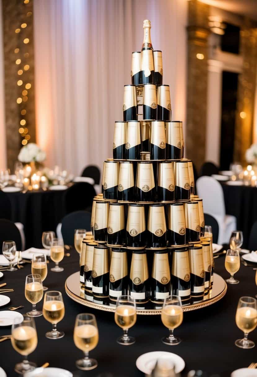A champagne tower surrounded by black and gold decor at a formal wedding