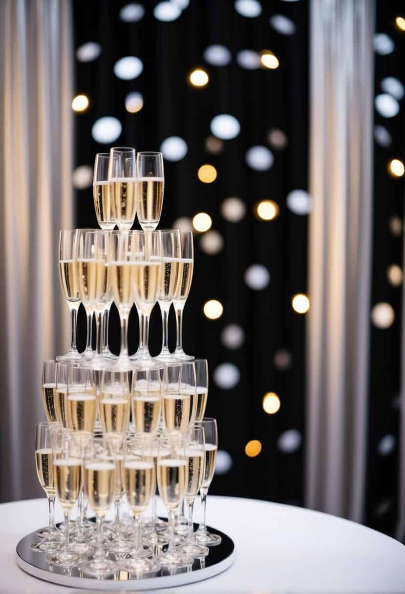 A tower of sparkling champagne glasses set against a black and silver wedding backdrop