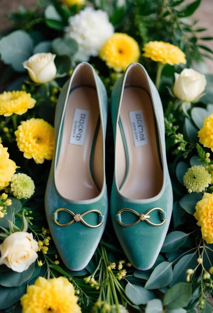 A pair of sage green velvet shoes surrounded by yellow flowers and greenery, evoking a serene and elegant wedding color palette