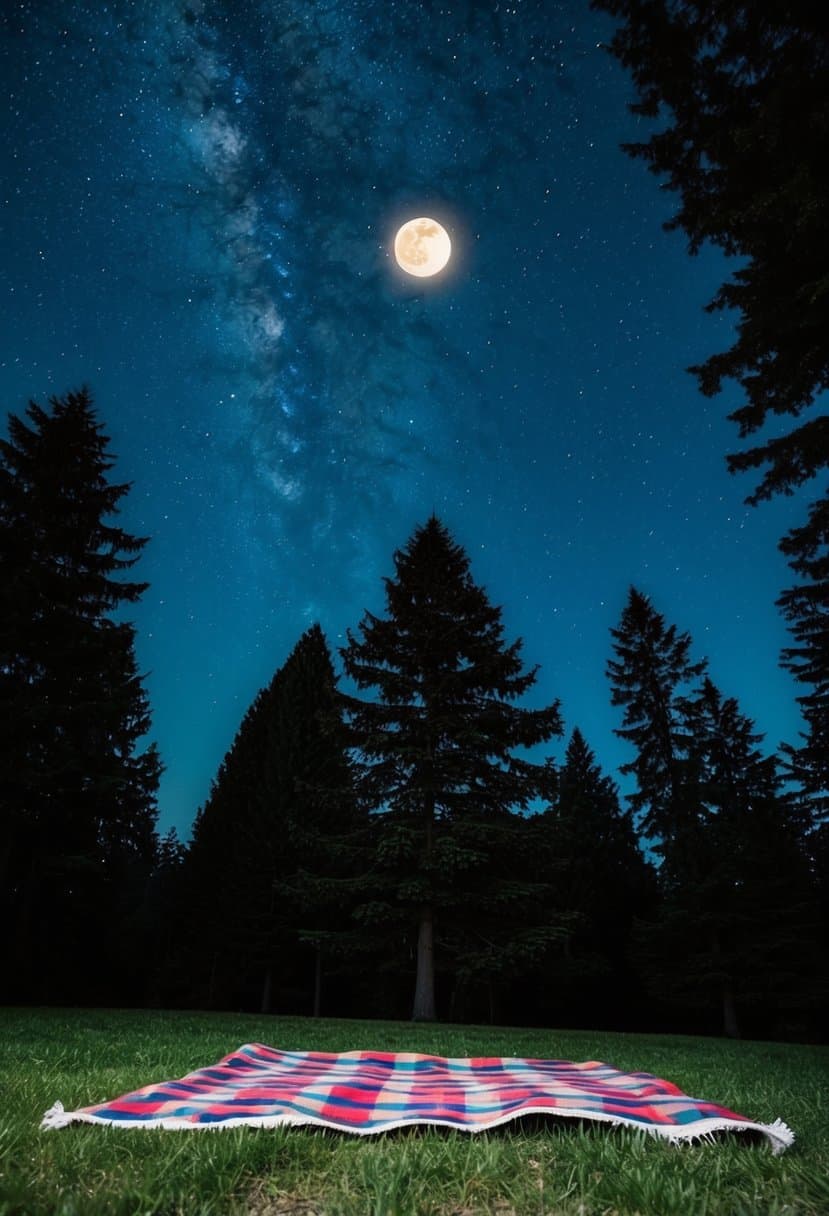 A cozy picnic blanket under a starry night sky, surrounded by tall trees and a glowing moon