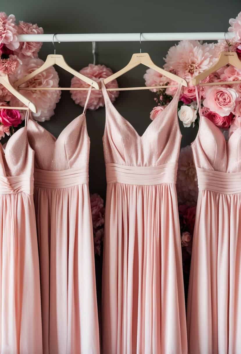 A group of blush pink bridesmaid dresses hanging on a clothing rack, surrounded by soft pink floral decorations
