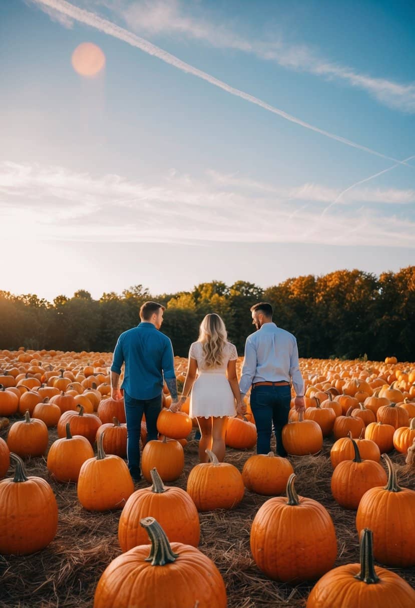 A sprawling pumpkin patch with couples picking pumpkins under the warm summer sun