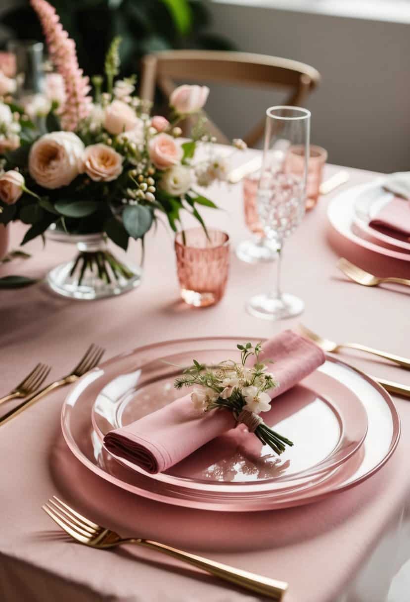 A table set with rose quartz plates, pink napkins, and delicate floral centerpieces