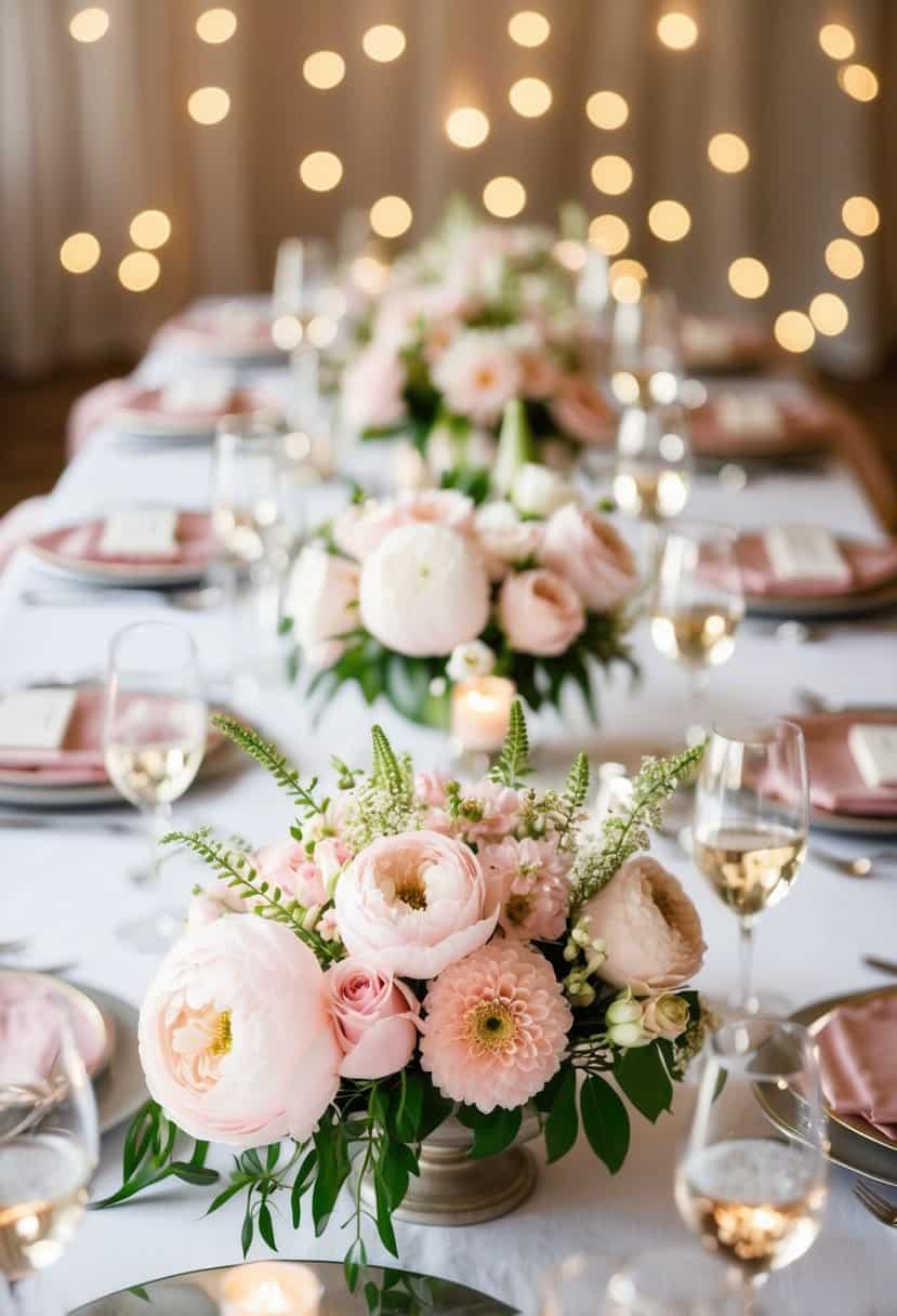 A table adorned with light pink floral centerpieces, creating a romantic and elegant atmosphere for a wedding celebration