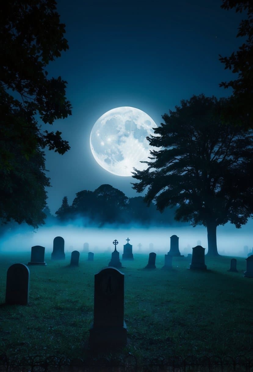 A moonlit graveyard with eerie mist and shadowy figures