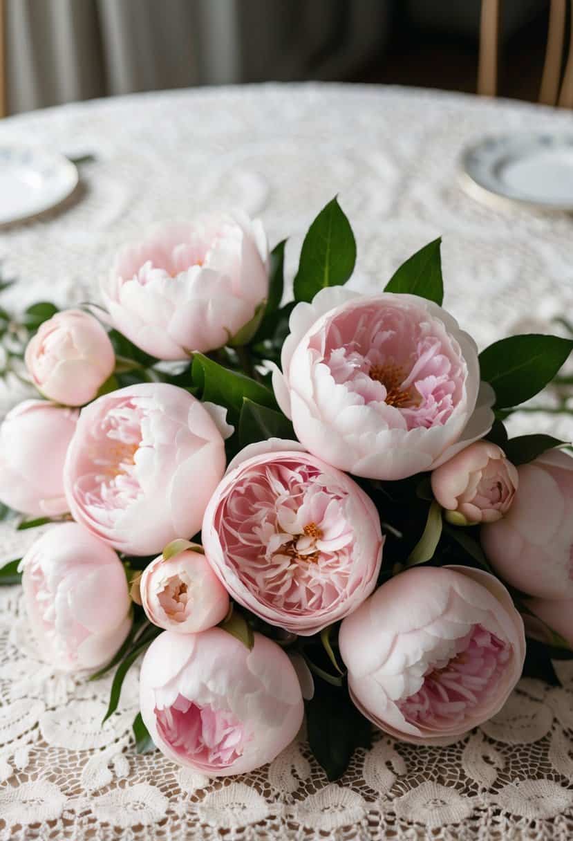A delicate bouquet of pale pink roses and peonies arranged on a vintage lace tablecloth