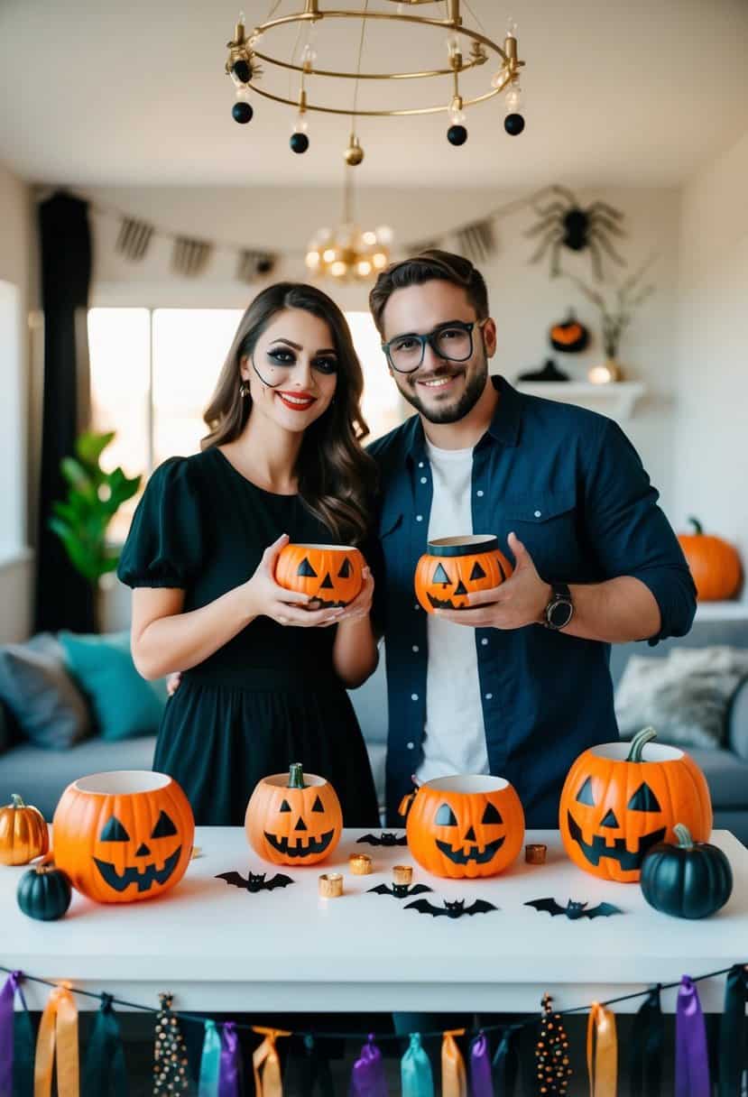 A couple decorates their home with spooky DIY crafts, setting up a makeshift trick-or-treat station for a festive summerween date