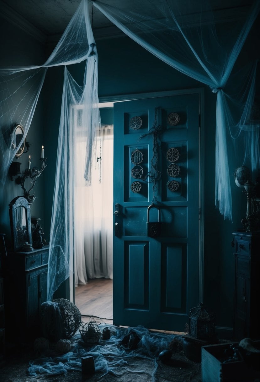 A dimly lit room with eerie decor, cobwebs, and mysterious objects scattered around. A locked door with cryptic symbols