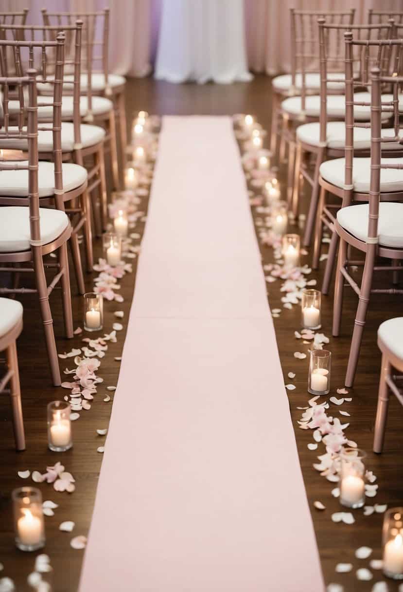 A light pink aisle runner extends down the center of a wedding venue, adorned with delicate petals and creating a soft, romantic atmosphere