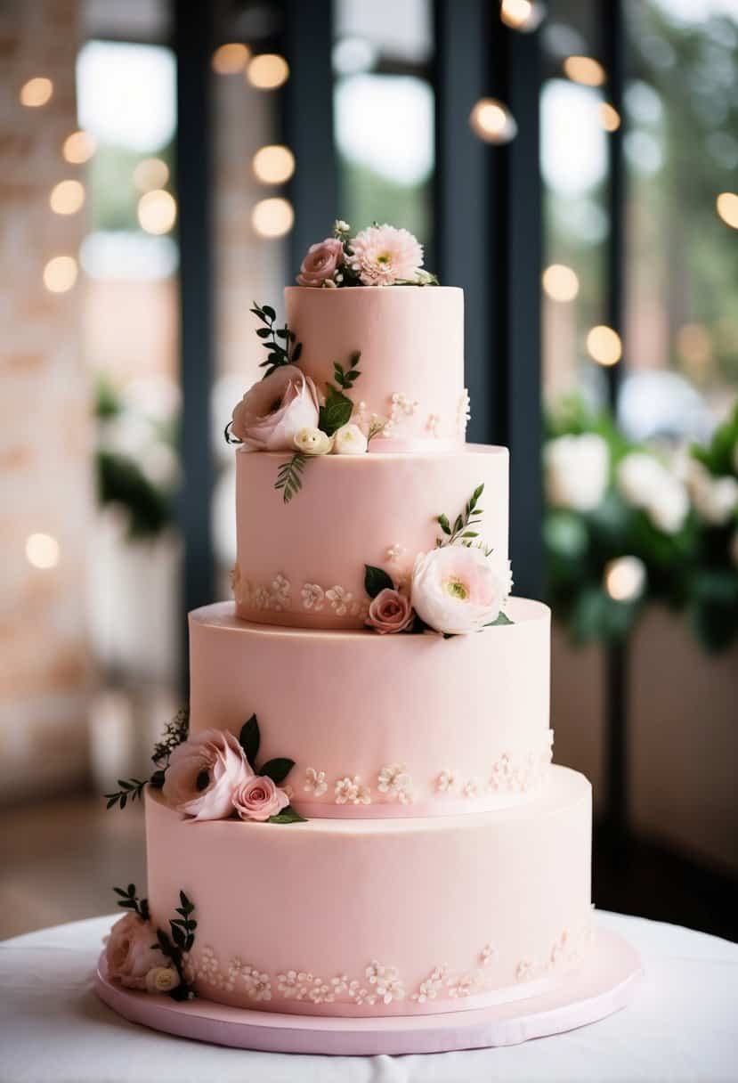 A three-tiered wedding cake in baby pink with delicate floral decorations