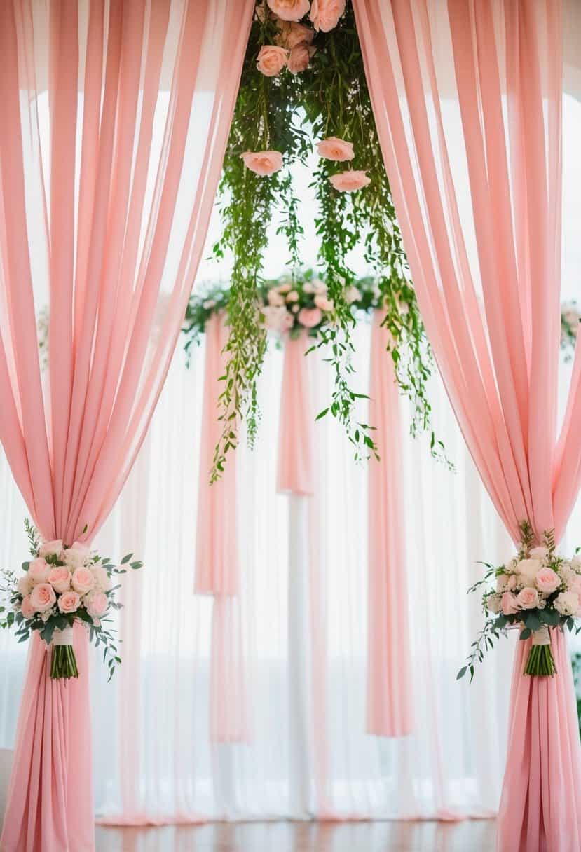 Soft pink drapery cascades from a canopy, framing a romantic wedding setting with delicate touches of light pink accents