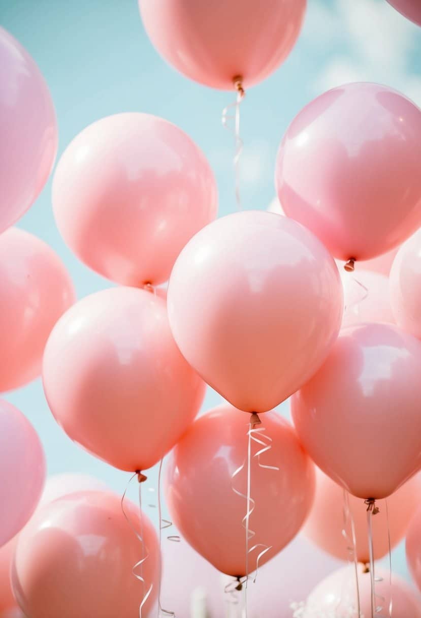 A cluster of powder pink balloons floating against a soft pastel backdrop, evoking a romantic and dreamy wedding atmosphere