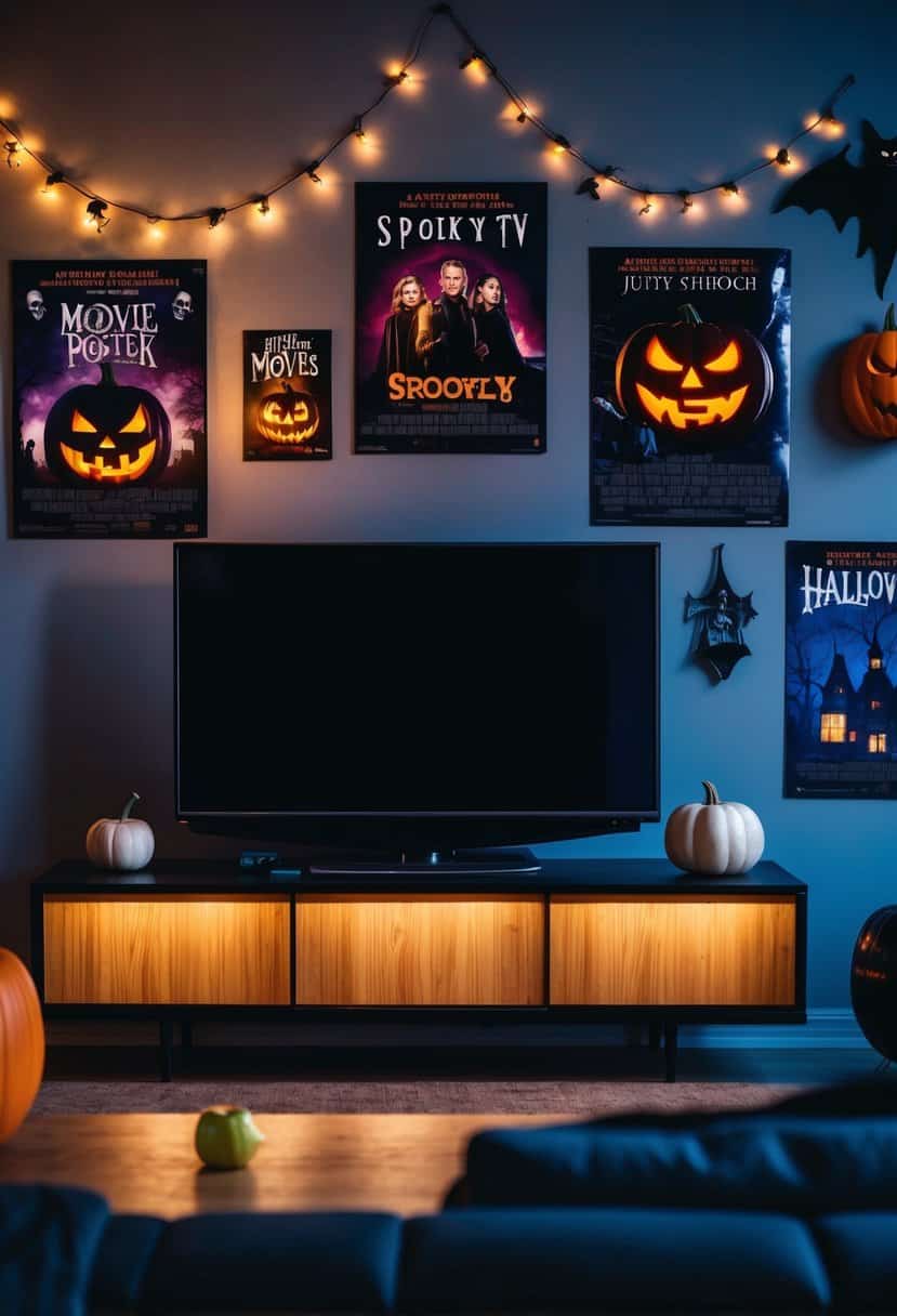 A dimly lit living room with a flickering TV, surrounded by spooky movie posters and Halloween decorations