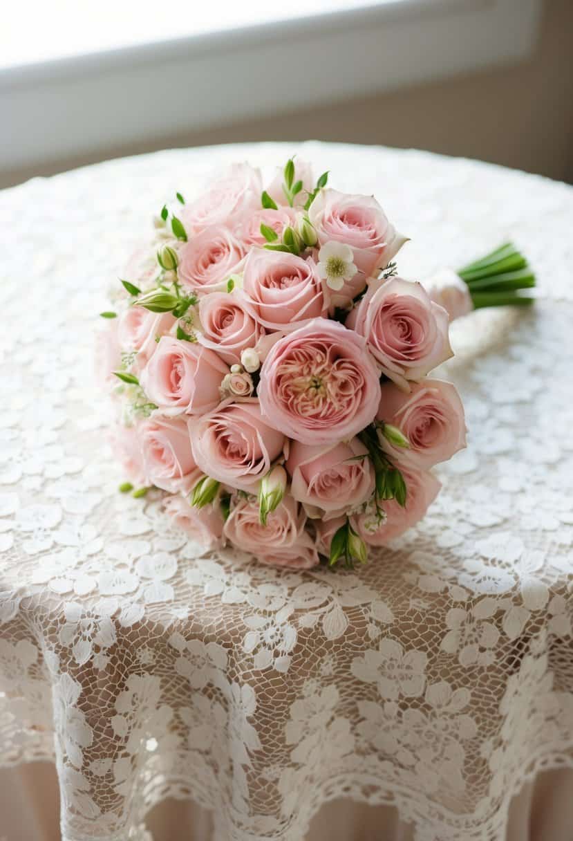A delicate light pink wedding bouquet resting on a lace-covered table