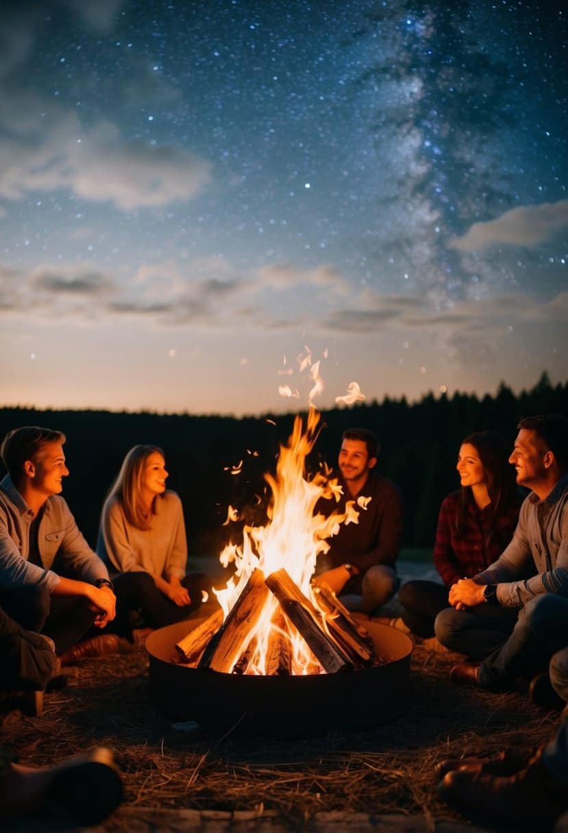 A cozy campfire surrounded by couples, with a starry sky overhead and flickering flames casting a warm glow