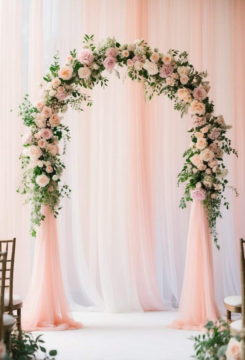 A blush pink wedding arch stands adorned with delicate flowers, set against a backdrop of soft pastel hues