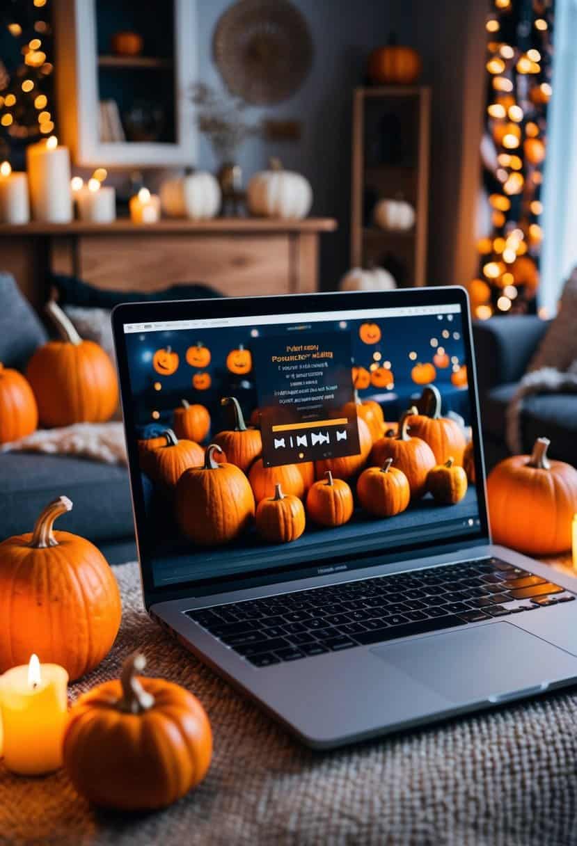 A cozy living room with a pumpkin-filled playlist displayed on a laptop, surrounded by Halloween decorations and flickering candles