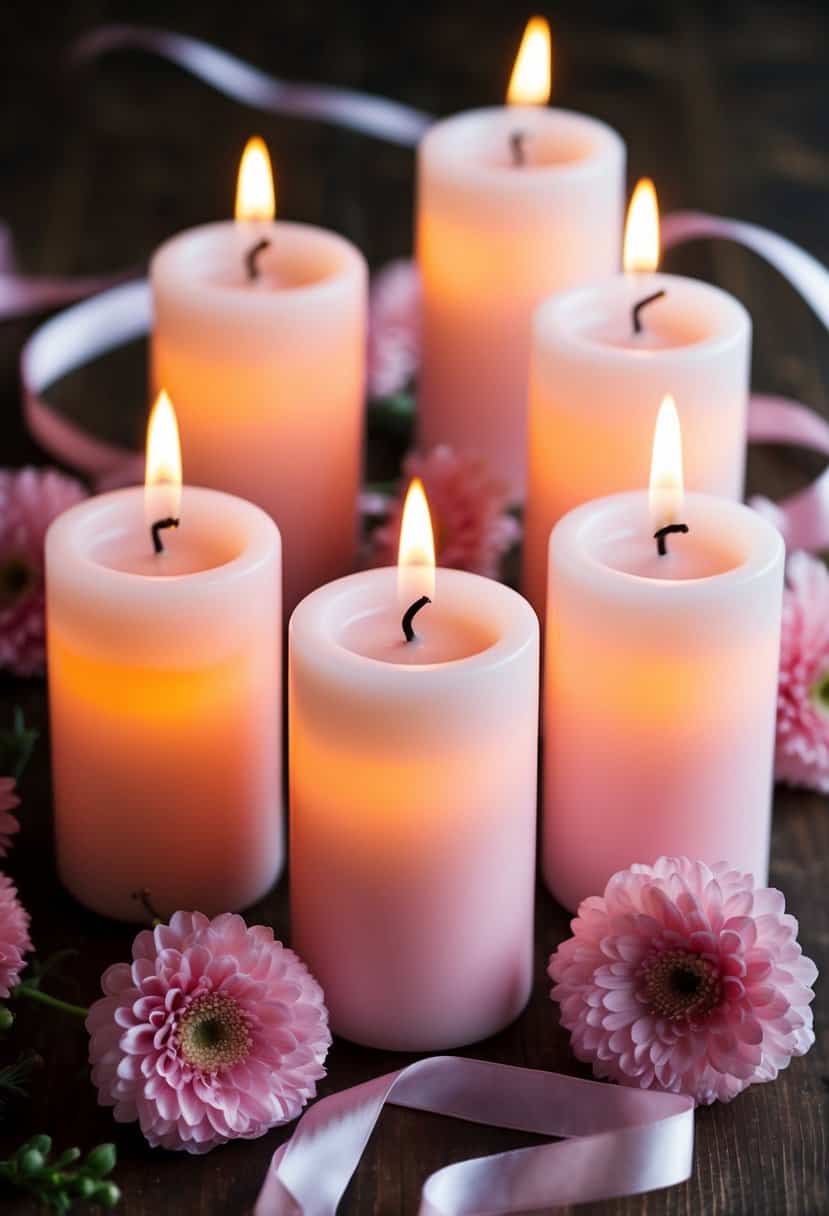 Several pale pink candles casting a soft glow, surrounded by delicate pink flowers and ribbons