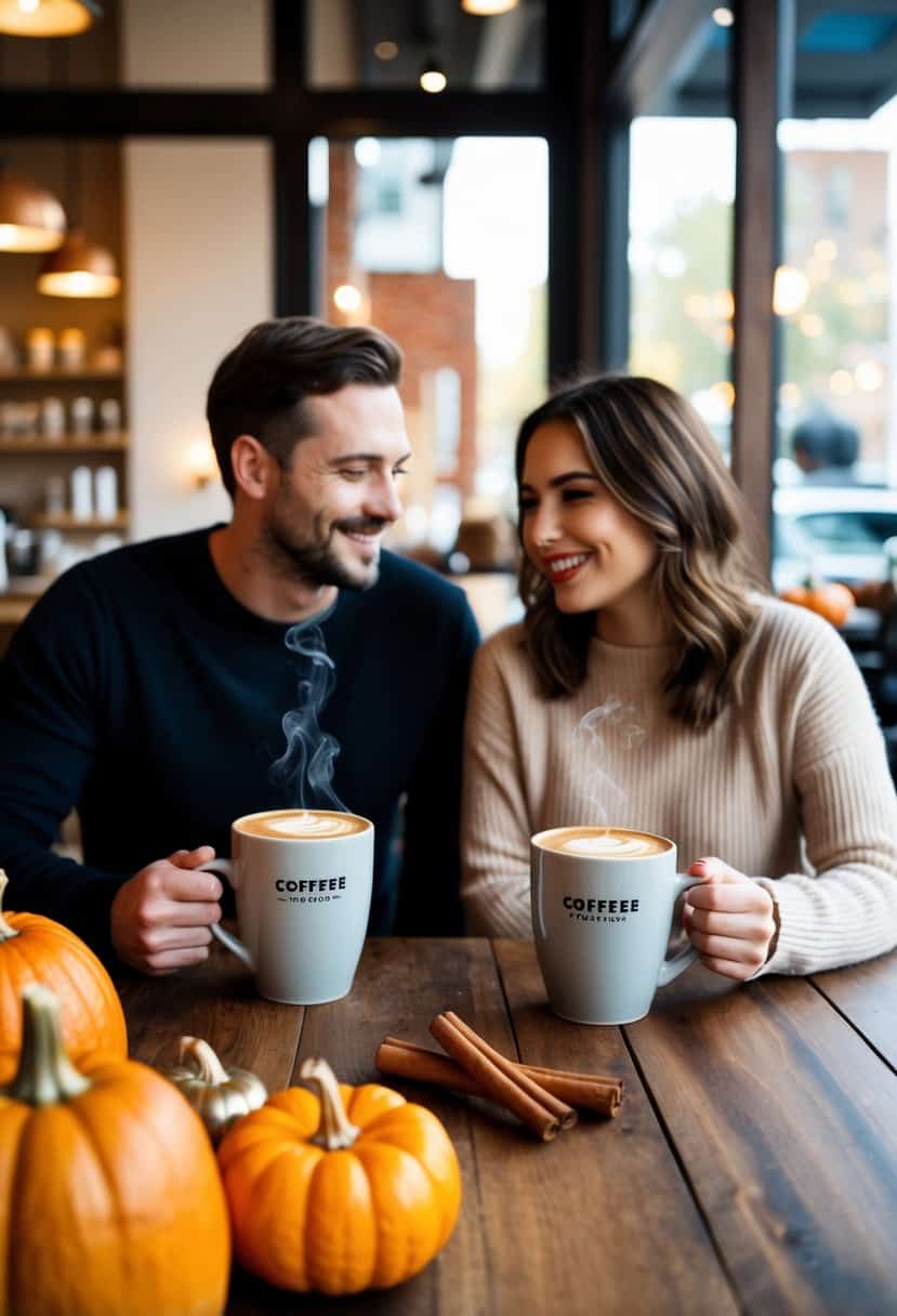 A cozy coffee shop with pumpkins, cinnamon sticks, and steaming mugs on a wooden table. A couple sits close, smiling as they enjoy their homemade pumpkin spice lattes