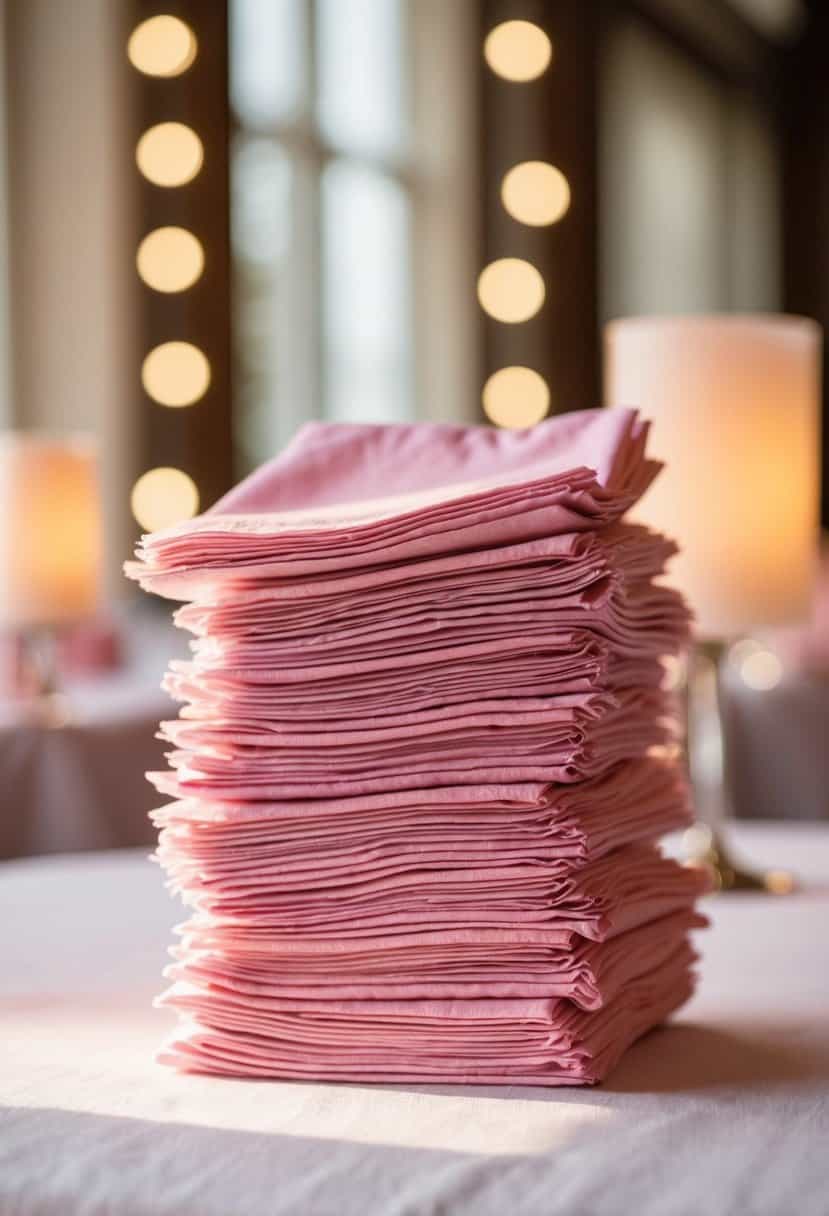 A stack of baby pink cocktail napkins arranged on a table, with soft lighting casting a gentle glow on the delicate fabric