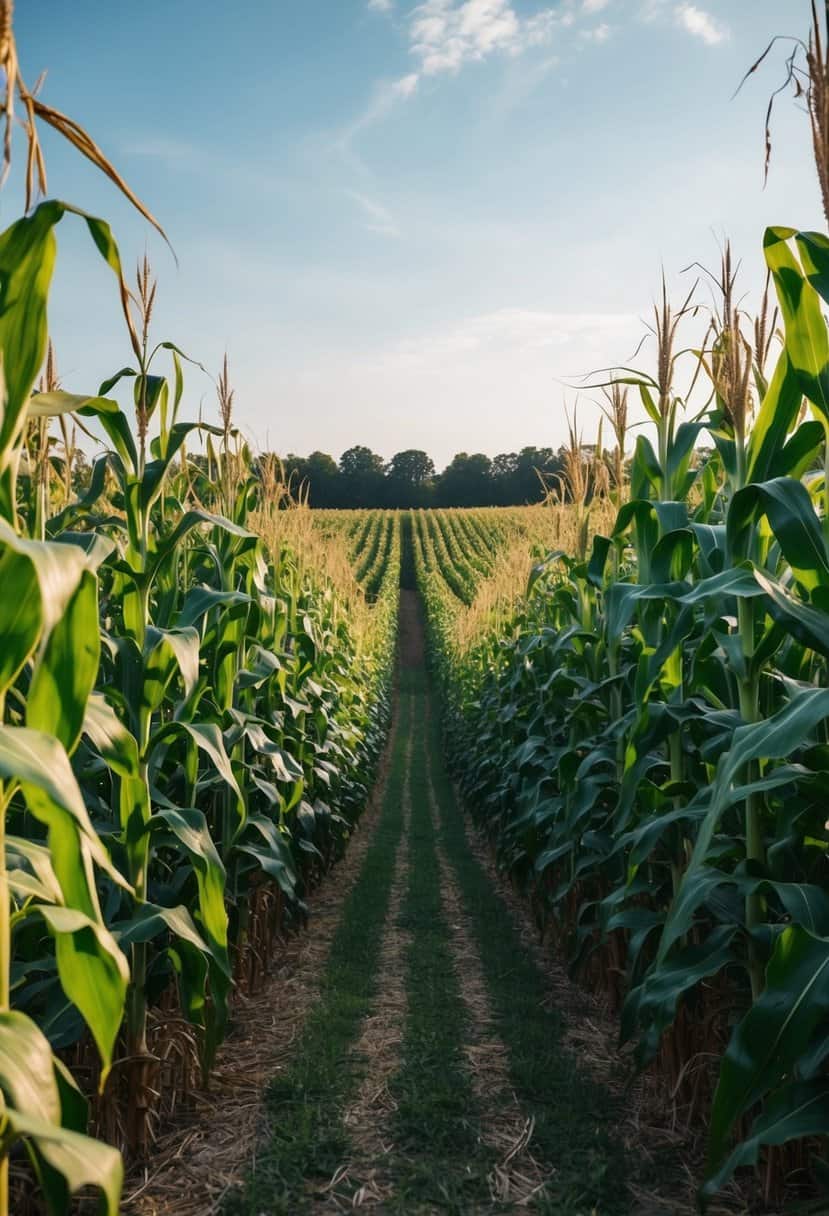 A winding corn maze with tall stalks and a clear summer sky above