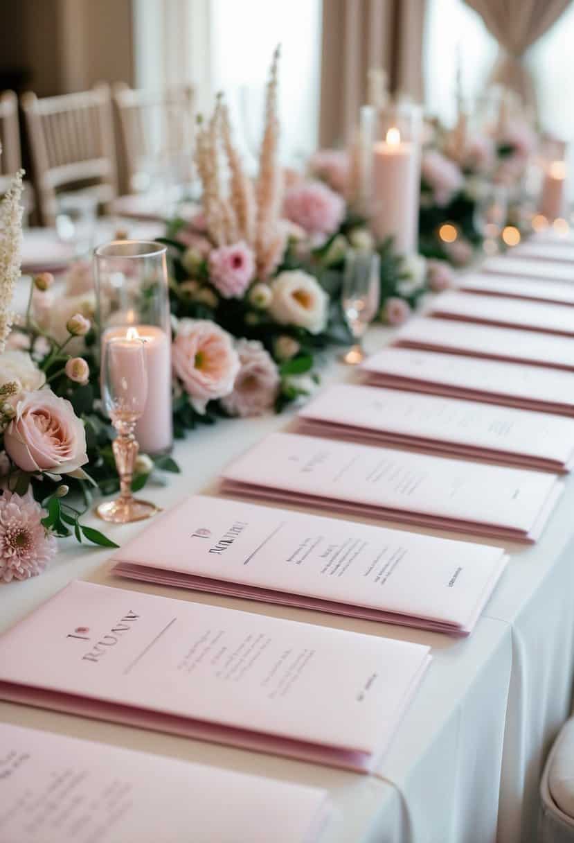 Soft pink wedding programs arranged on a table with delicate floral accents and a romantic, ethereal ambiance