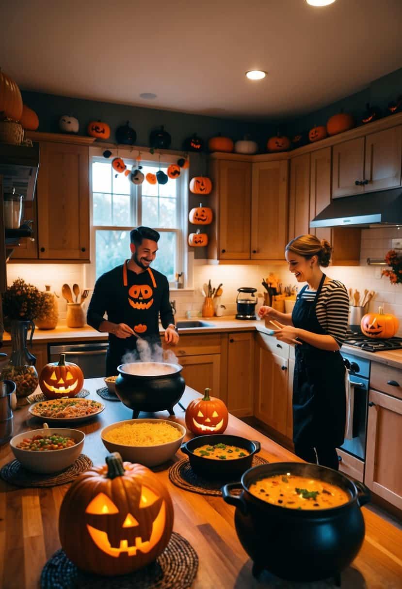 A cozy kitchen with jack-o-lantern decorations, a bubbling cauldron, and couples in costume cooking Halloween-themed dishes