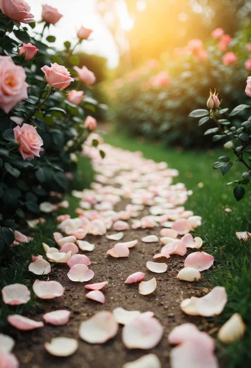 A garden path strewn with light pink rose petals