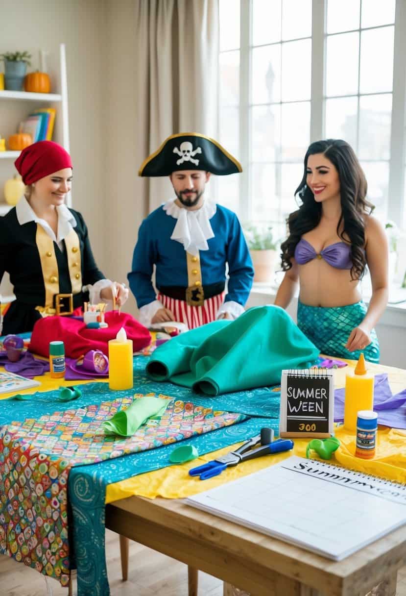 A table covered in colorful fabric, glue, and craft supplies. Two costumes in progress: a pirate and a mermaid. A calendar with "Summerween" circled