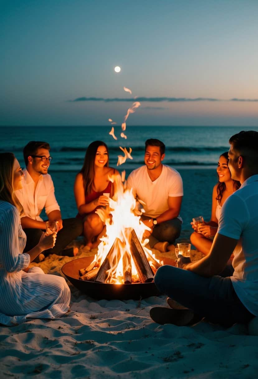 A moonlit beach bonfire surrounded by couples sharing ghost stories