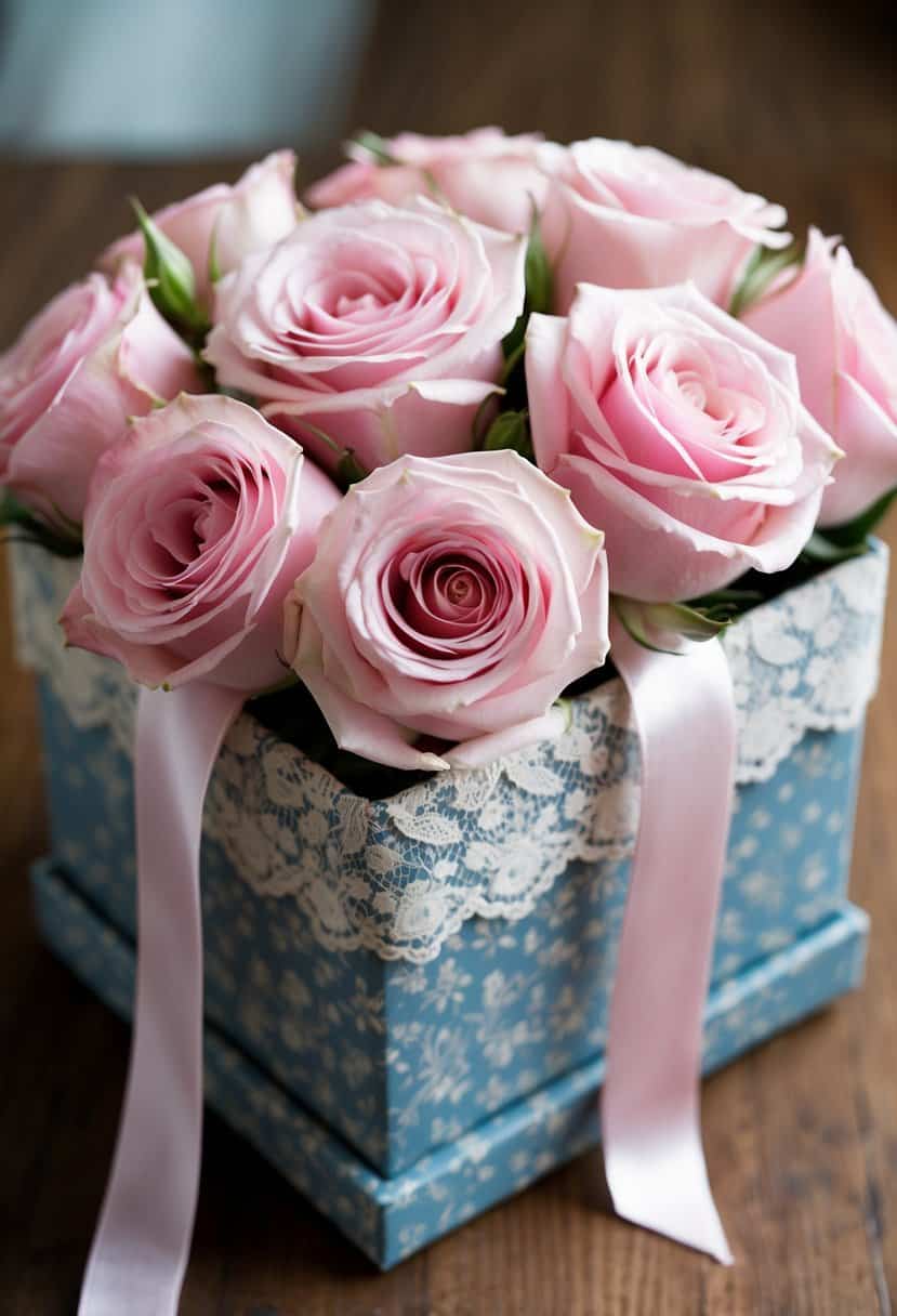 A bouquet of soft pink roses and delicate satin ribbons, nestled in a vintage lace-lined box