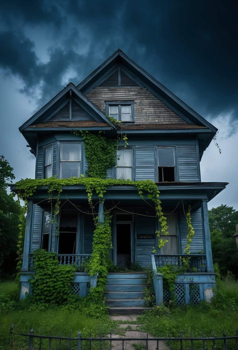 A dilapidated haunted house with overgrown vines and broken windows, set against a dark and stormy sky
