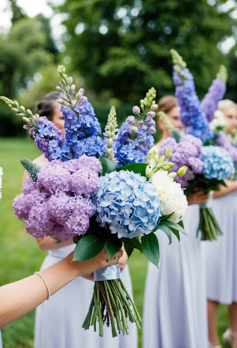 A garden scene with lilac and sky blue flowers arranged in bridesmaid bouquets