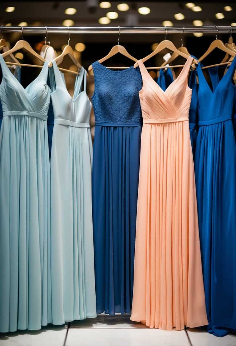 Sea blue and peach bridesmaid dresses arranged in an elegant display