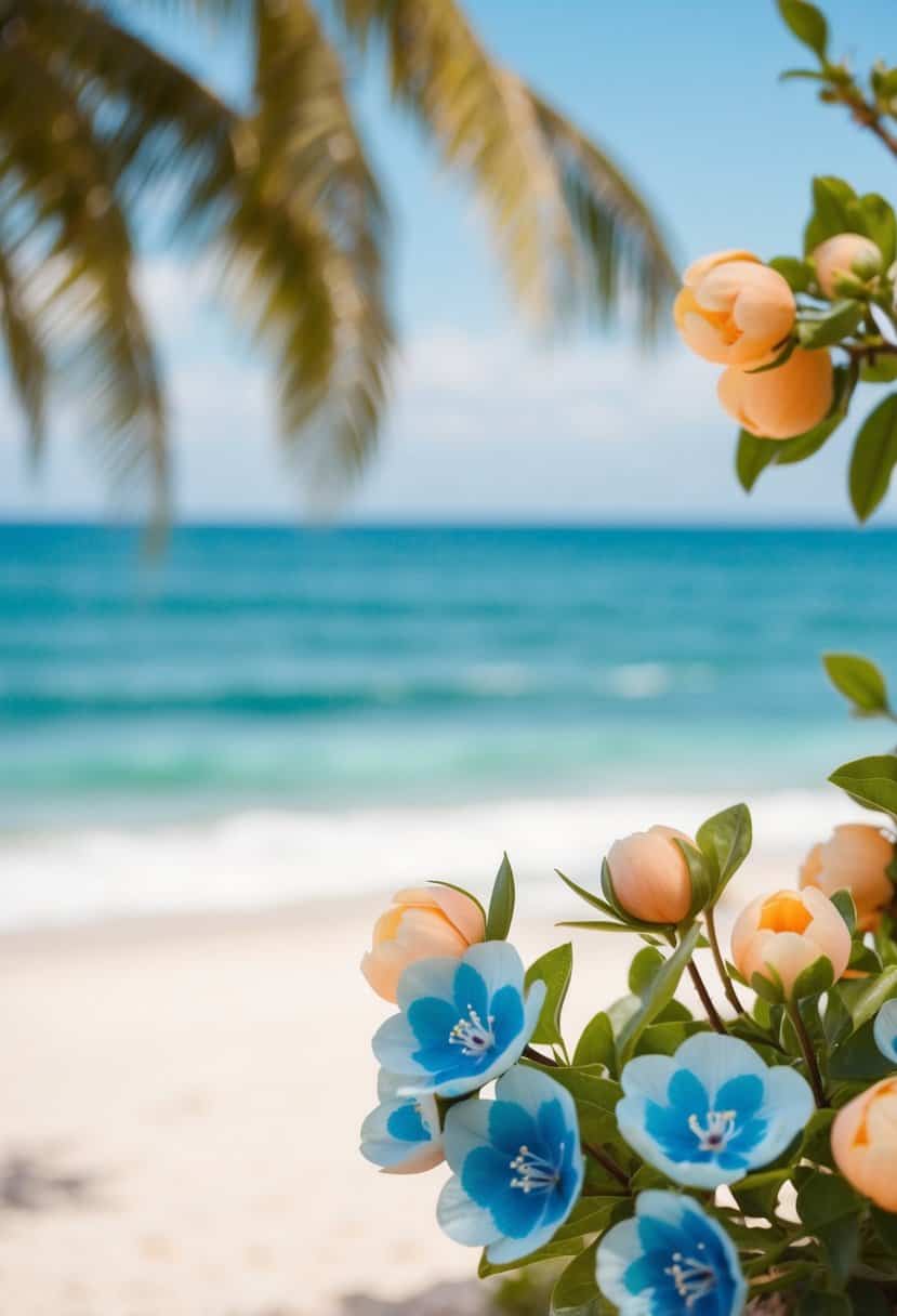 A serene beach setting with peach and sea blue flowers in bloom, overlooking the tranquil ocean