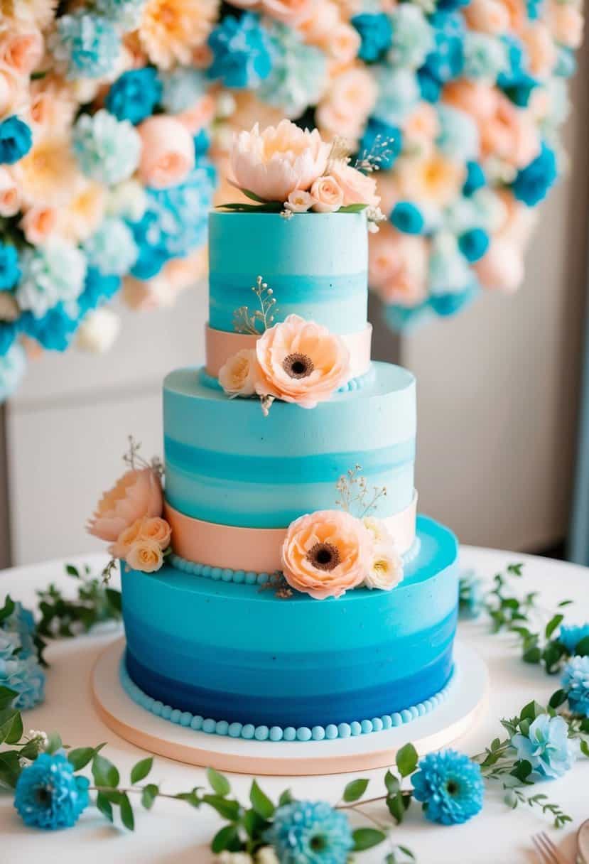A three-tiered sea blue wedding cake adorned with delicate peach accents sits on a table, surrounded by soft blue and peach floral decorations