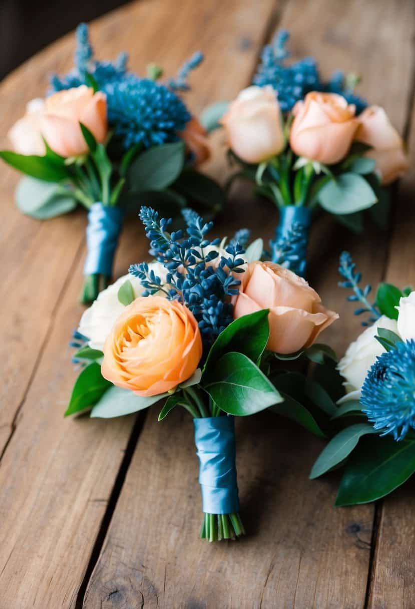 Sea blue and peach boutonnières arranged on a rustic wooden table