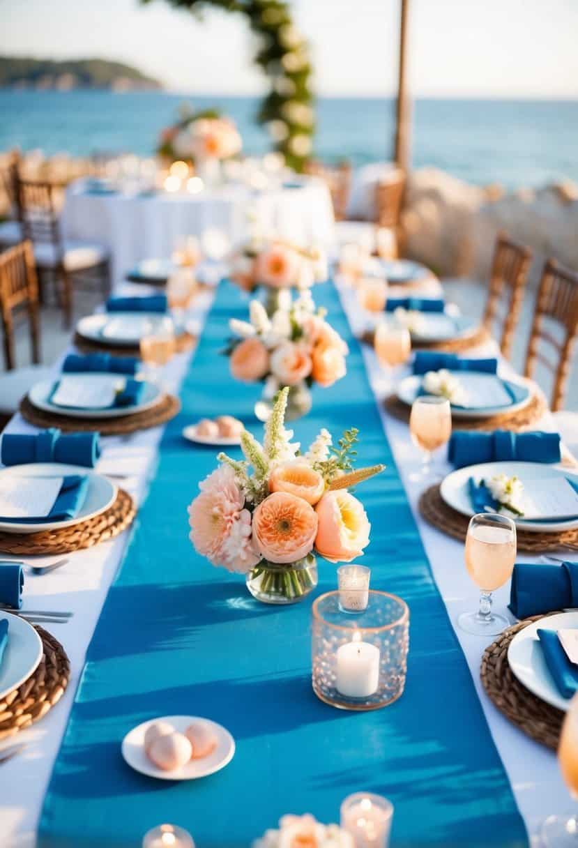 A sea blue table runner adorned with peach-colored flowers and accents, set against a backdrop of a coastal wedding reception