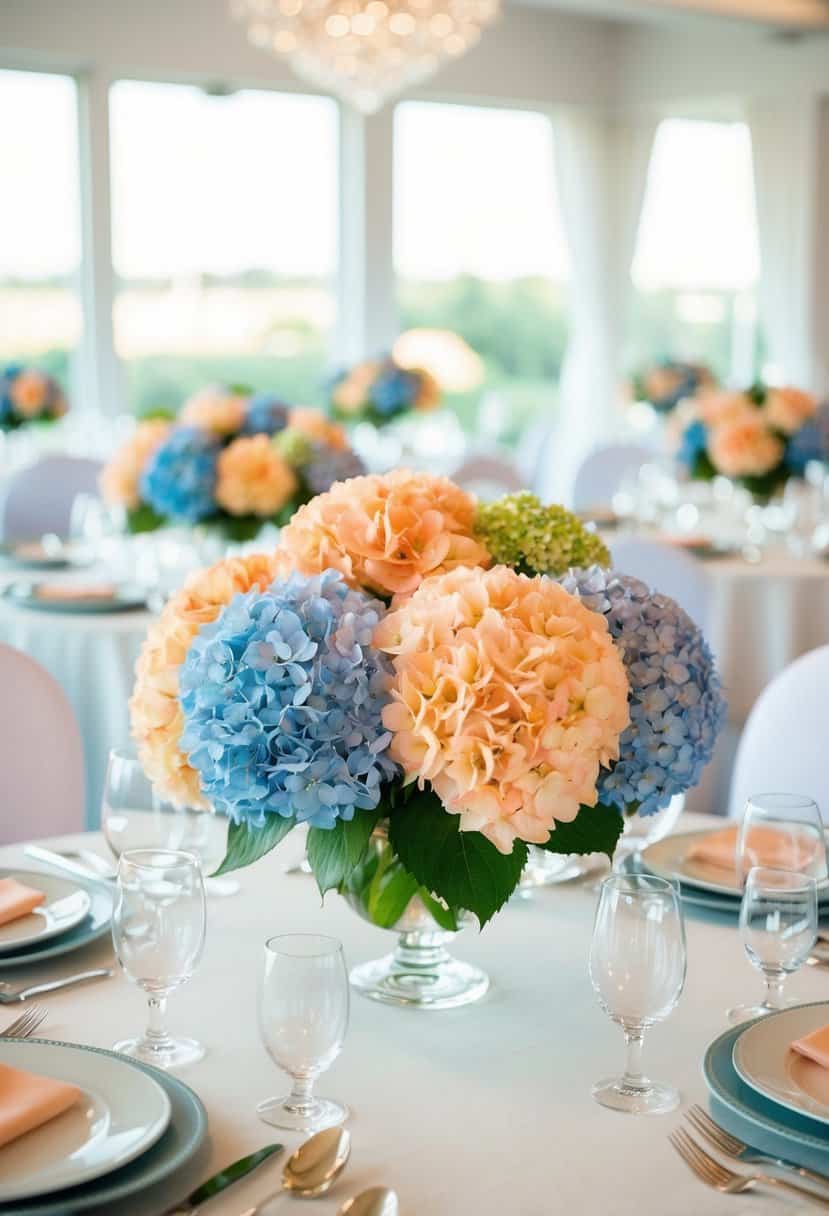 A table adorned with sea blue and peach hydrangeas in elegant centerpieces