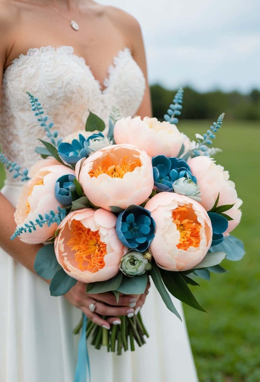 A bridal bouquet featuring peach peonies and sea blue accents