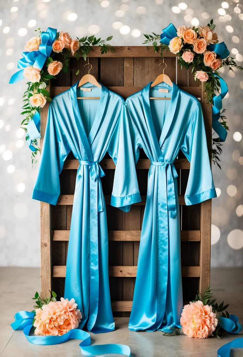 Sea blue bridesmaid robes hanging on a rustic wooden rack, surrounded by peach-colored flowers and sea blue ribbons