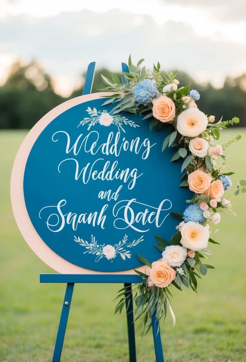 A sea blue and peach wedding signage with elegant floral accents and delicate calligraphy
