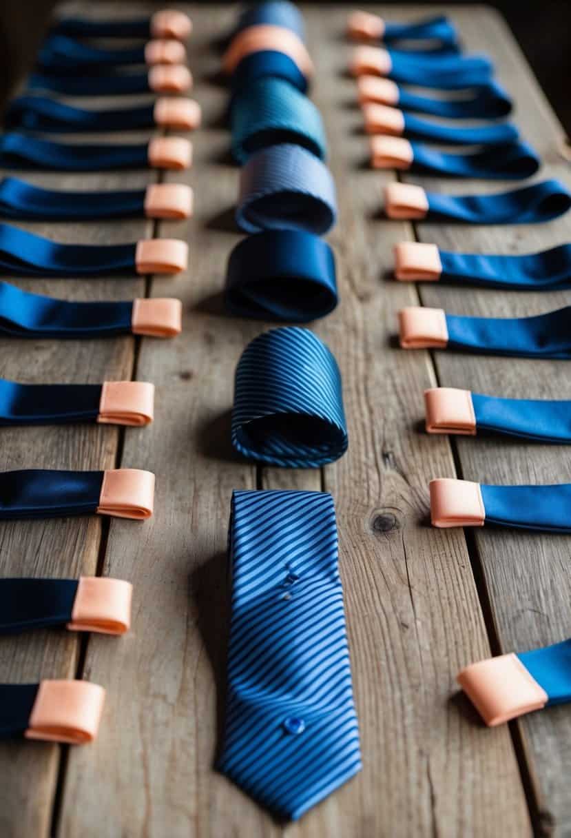 Sea blue ties arranged with peach accents on a rustic wooden table